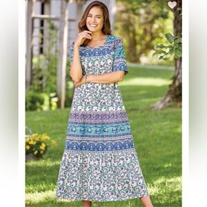 The Vermont Country Store Midi Tiered Cotton Boho Elephant Muumuu Dress